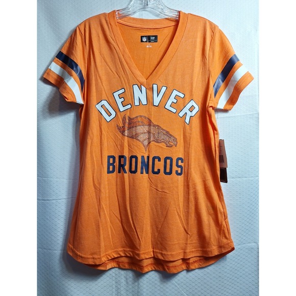 NWT$ NFL Team Apparel DENVER BRONCOS Bling Tee Sz S Orange Blue White Rhinestone - Picture 1 of 8